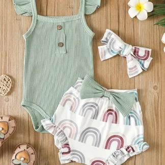 Summer Newborn Baby Girl Clothes Set Sleeveless Bodysuit Printed Shorts 3pcs Clothing Suit Baby Girl Clothes