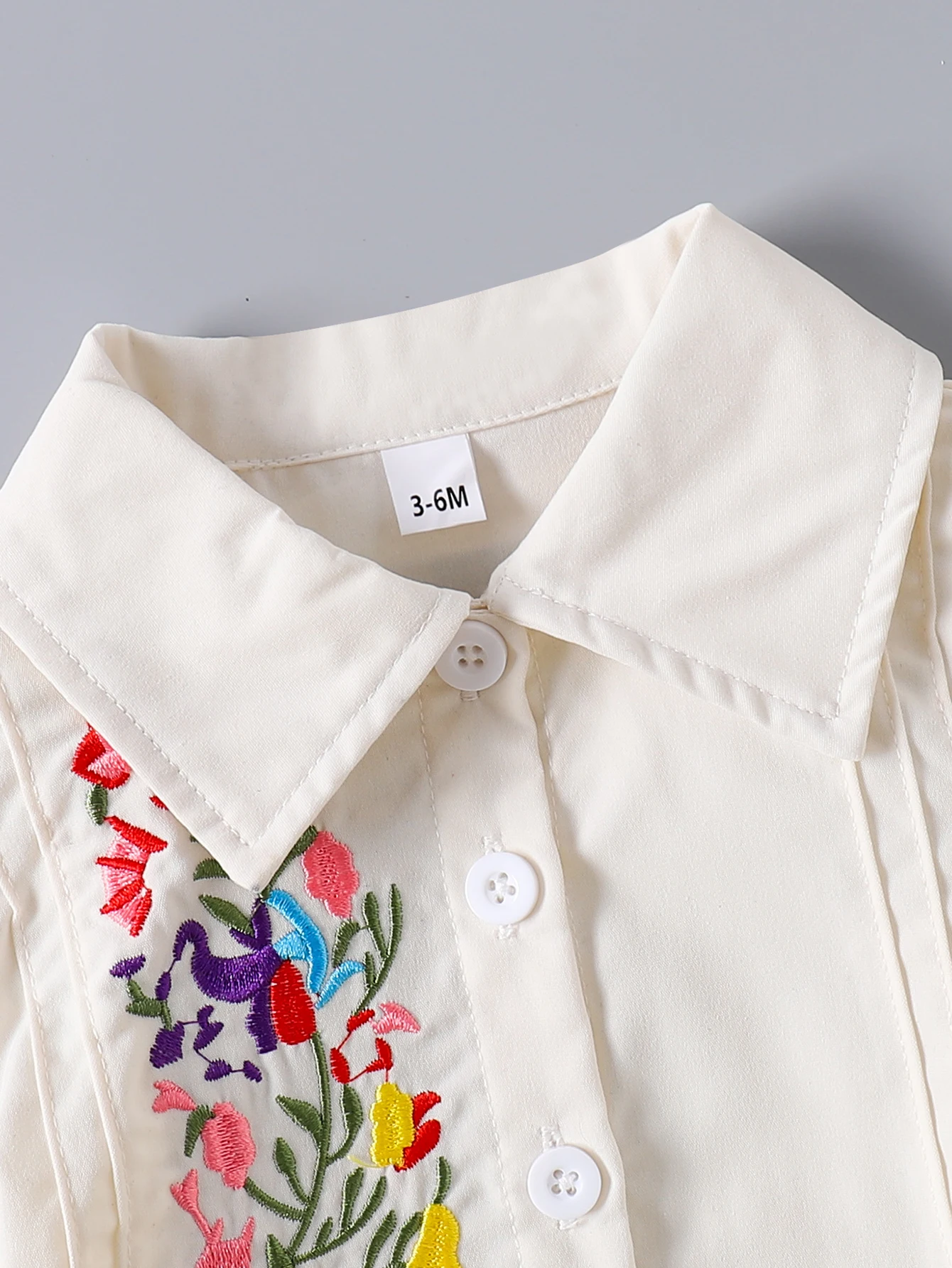 Baby Boy Beige Outfit, Floral Embroidery Collared Shirt & Shorts, Summer Casual Set - Image 3