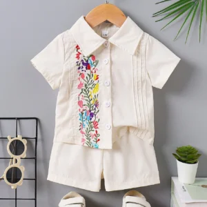 Baby Boy Beige Outfit, Floral Embroidery Collared Shirt & Shorts, Summer Casual Set