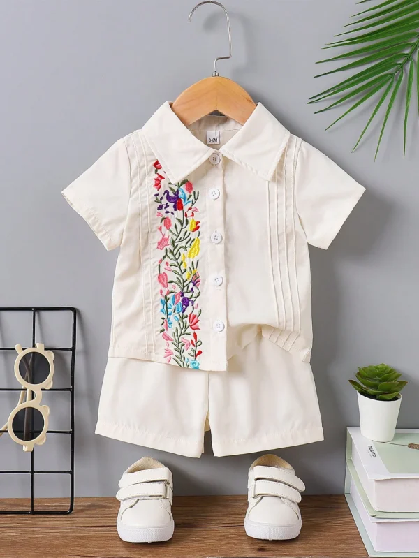 Baby Boy Beige Outfit, Floral Embroidery Collared Shirt & Shorts, Summer Casual Set