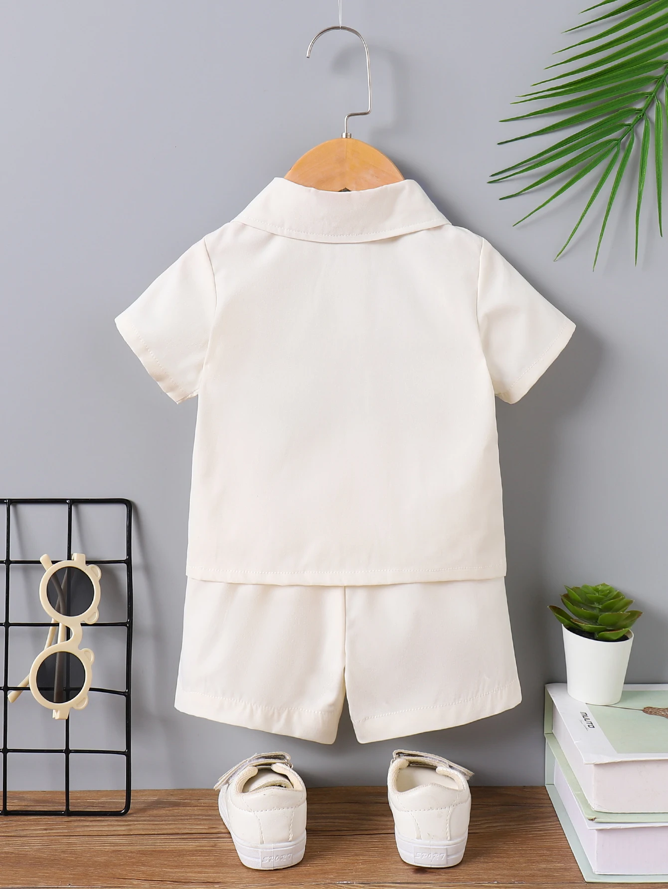 Baby Boy Beige Outfit, Floral Embroidery Collared Shirt & Shorts, Summer Casual Set - Image 2