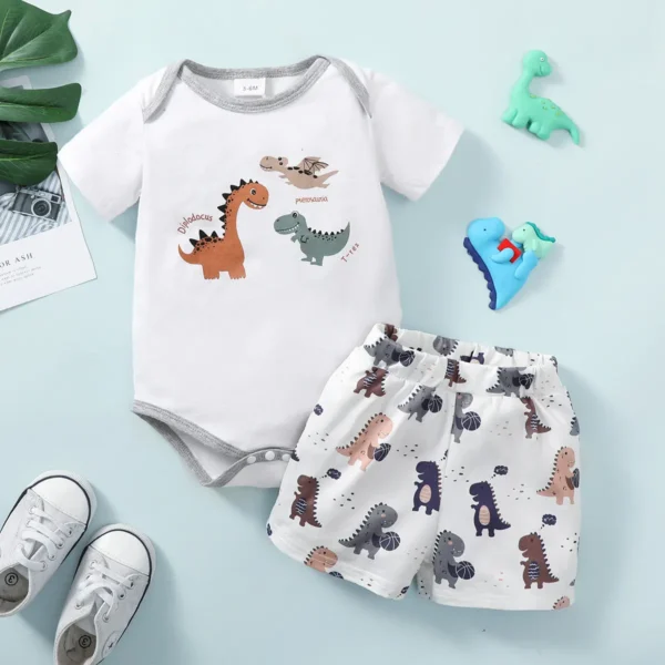 0-24 Months Toddler Baby Boy 2PCS Suit Set Cartoon Dinosaur Short Sleeve Bodysuit+ Shorts Fashion Cute Soft Newborn Summer Wear