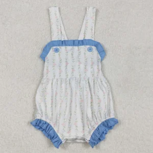 Hot Sale Infant Baby Girls Rompers Blue Ruffle Leaves Straps Rompers Boutique Toddler Girls Bubbles Summer Baby Onesie Rompers
