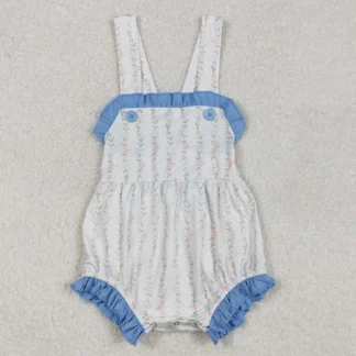 Blue Ruffle Leaves Straps Boutique Bubble Rompers