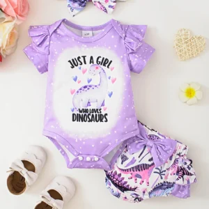 Cute Baby Casual Floral Butterfly Headband Short-Sleeve Romper and Shorts 3-Piece Set