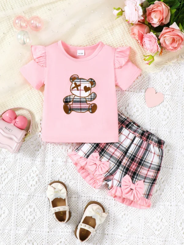 Summer 0-3 Years Old Infant Baby Girls Panda Print Pattern Top And Plaid Shorts Casual 2-Piece Set