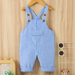 Spring Summer Toddler Boys 2-7Y Blue & White Striped Sleeveless Overalls Jumpsuit Casual Daily Wear Kids Outfit