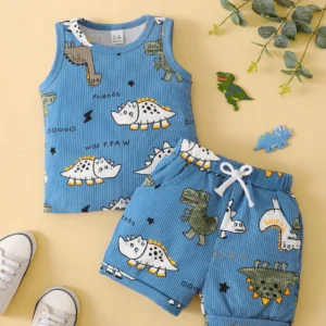 0-3 Years Toddler Baby Boy 2PCS Clothes Set Cartoon Dinosaur Blue Sleeveless Shirt+ Shorts Cute Style Soft Summer Daily Wear