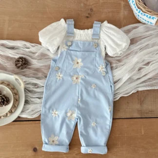 Summer Baby Suspender Pants Boys Girls Sleeveless Flower Embroidery Loose Overalls Romper Kids Jumpsuits with Pockets