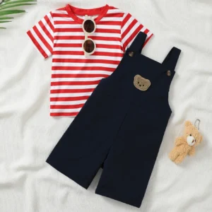 2pcs Baby Boy Clothing Set Red Stripes Short Sleeve T-Shirt with Bear Embroidery And Overalls Casual Comfortable Cute Outfit