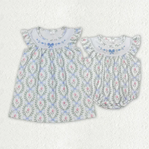 SR2543 Wholesale baby rompers girls dress Embroidered bow pattern flower flying sleeve Romper Summer Boutique kids clothes girl