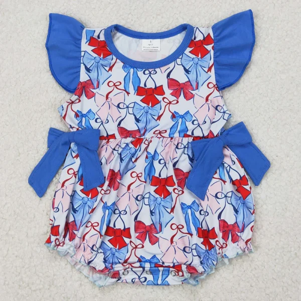 Hot Sale Infant Baby Girls Rompers Flutter Sleeves Red Blue Bows 4th Of July Ruffle Romper Boutique Toddler Girls Bubbles Onesie