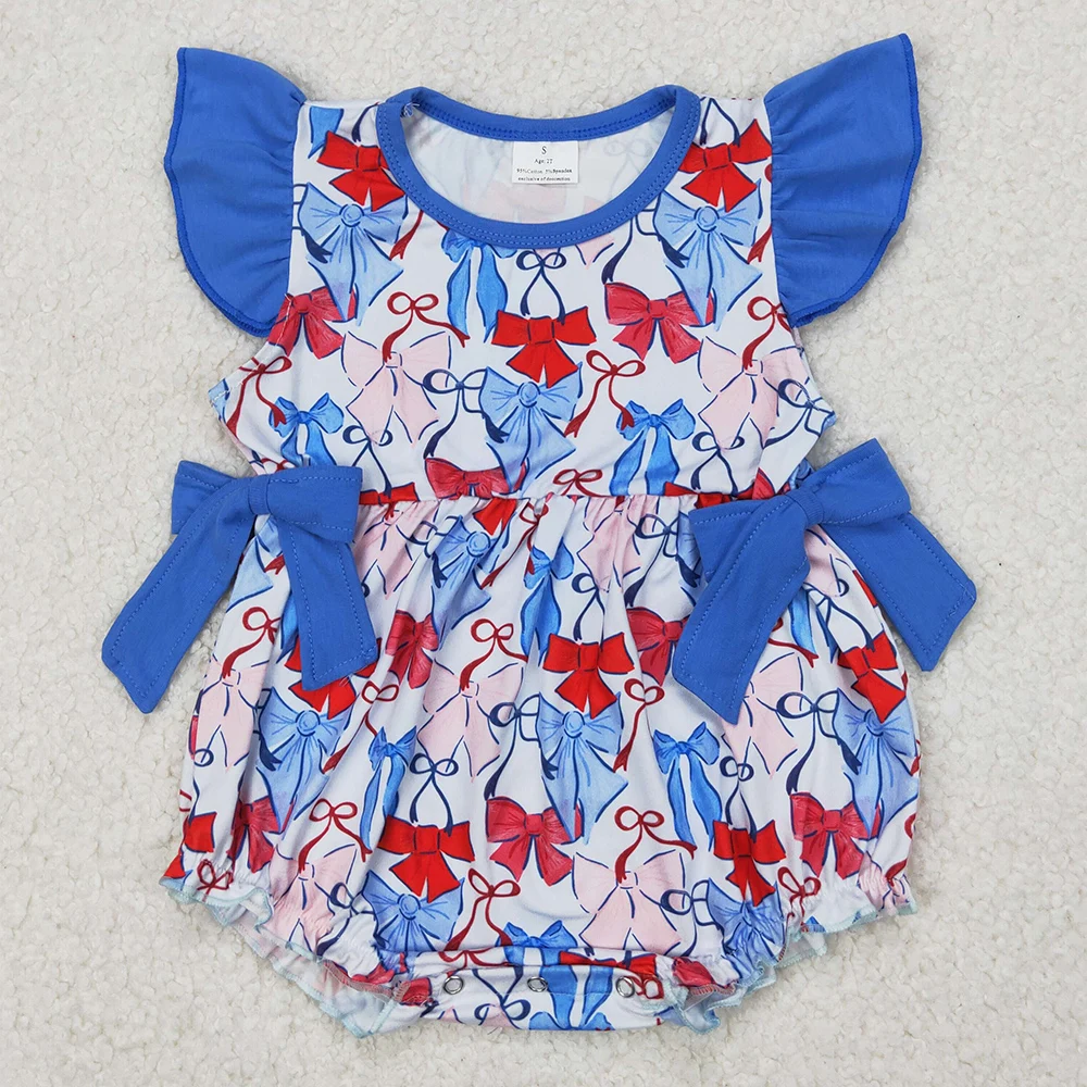 Hot Sale Infant Baby Girls Rompers Flutter Sleeves Red Blue Bows 4th Of July Ruffle Romper Boutique Toddler Girls Bubbles Onesie