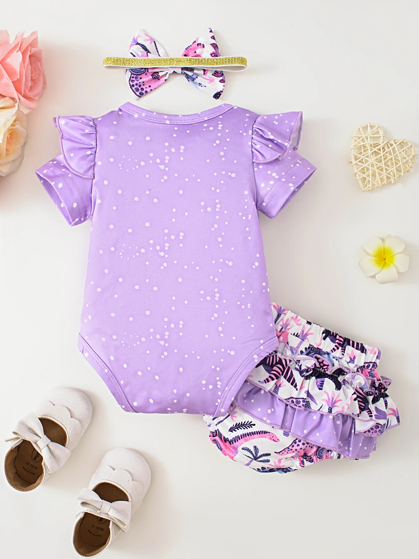 Cute Baby Casual Floral Butterfly Headband Short-Sleeve Romper and Shorts 3-Piece Set - Image 2