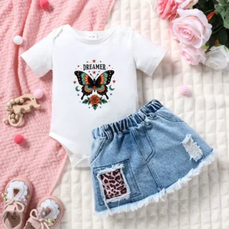 Summer Baby Butterfly Print Romper Set Short Sleeve Leopard Print Denim Skirt Two-Piece Outfit for Little Dreamers