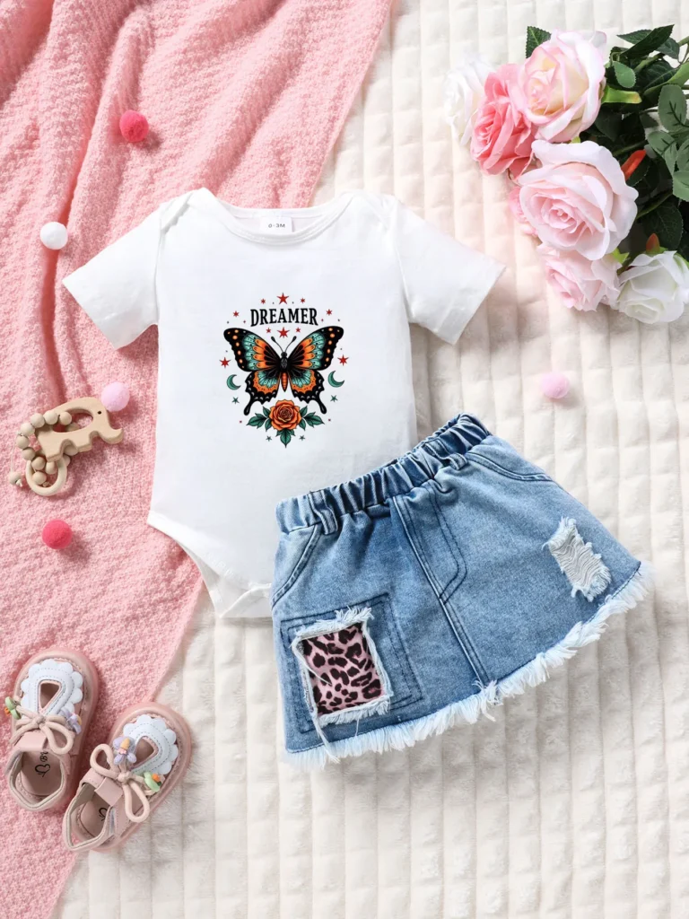 Summer Baby Butterfly Print Romper Set Short Sleeve Leopard Print Denim Skirt Two-Piece Outfit for Little Dreamers