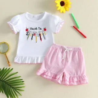 Back to School Apple Pencil Embroidered Tee and Plaid Shorts Set