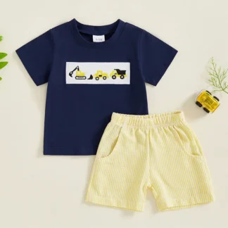 Tractor Embroidery Short Sleeve T-shirt Striped Shorts