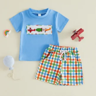 Embroidered Cars/Planes T-shirt and Plaid Shorts