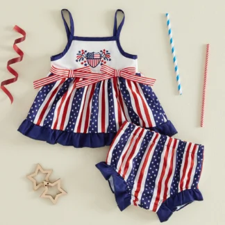 Red White Blue Stripe Star Print Cami Tops Shorts