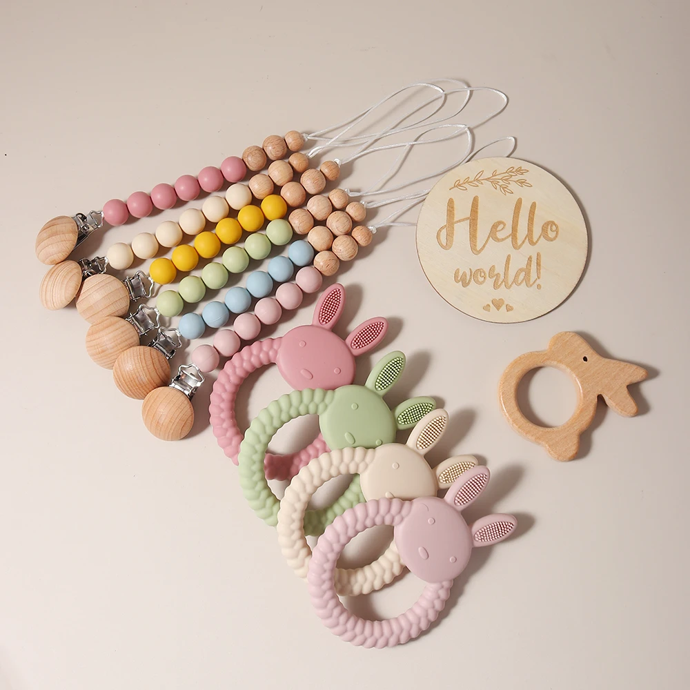 New Born Baby Gift Set Silicone Bunny Teether Wooden Bunny Rattle Photography Props - Image 2
