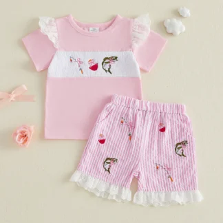 Fish Embroidered Short Sleeve Top and Striped Shorts