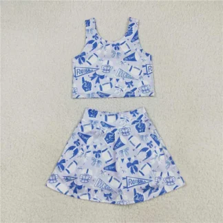 Team Blue Football Bows Yoga Sets Vest Top Short Skirts Outfit