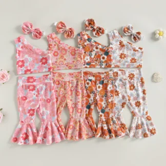 One Shoulder Vest Floral Flared Pants Headband