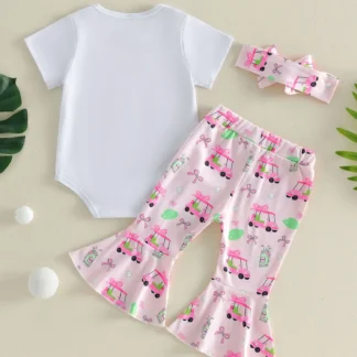 Short Sleeve Romper with Golf Cart Print Flare Pants and Matching Bow Headband