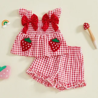 Strawberry Embroidered Plaid Bows Ruffled Trim Set