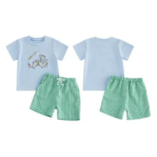 Short Sleeve Embroidered Top and Plaid Shorts