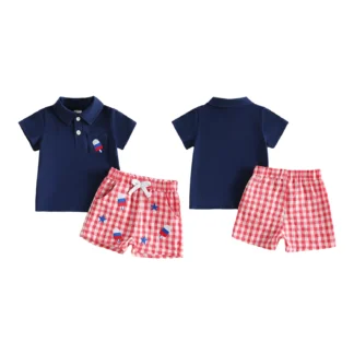 Blue Collared Tee with Plaid Bomb Pop Shorts