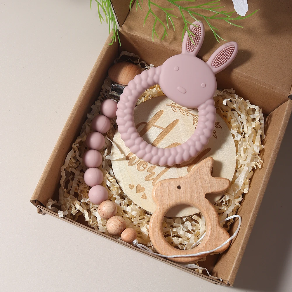 New Born Baby Gift Set Silicone Bunny Teether Wooden Bunny Rattle Photography Props - Image 5