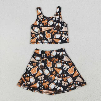 Baby Girls Orange Football Bows Vest Top with Short Skirts Yoga Sets