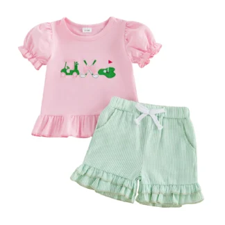 Golf Embroidery Short Sleeve Tops and Striped Shorts Set
