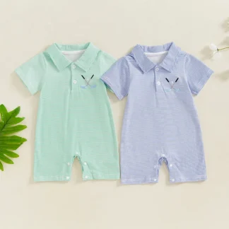 Summer Striped Jumpsuit Short Sleeve Turn Down Collar Button Up Golf Shaft Embroidery Romper