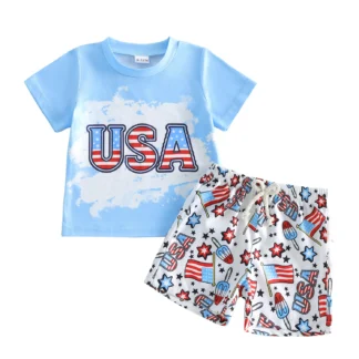 USA Baby Blue with Bleached Background and Shorts Set