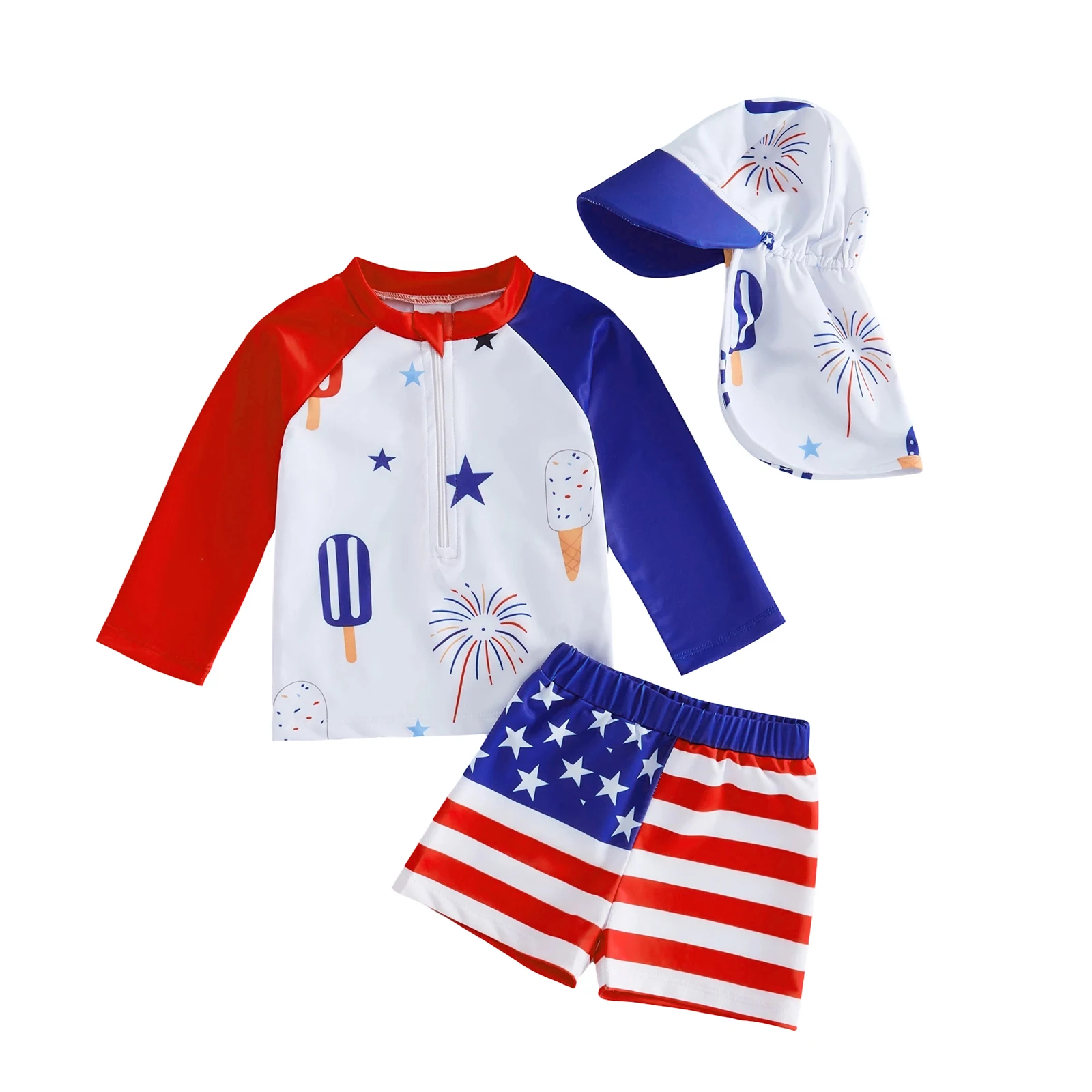 FOCUSNORM 0-5Y Toddler Kids Boys Swimsuit Set 4th of July Long Sleeve Crew Neck Star Print Tops Swim Trunks Hat Bathing Suit - Image 2