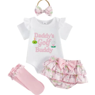 Golf Print Short Sleeve Round Neck Romper Tiered Ruffled Shorts Set
