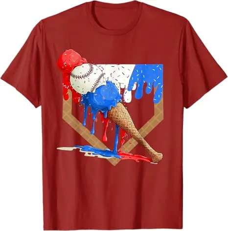 Red White and Blue Baseball Ice Cream Drip Boys Tee - Image 5