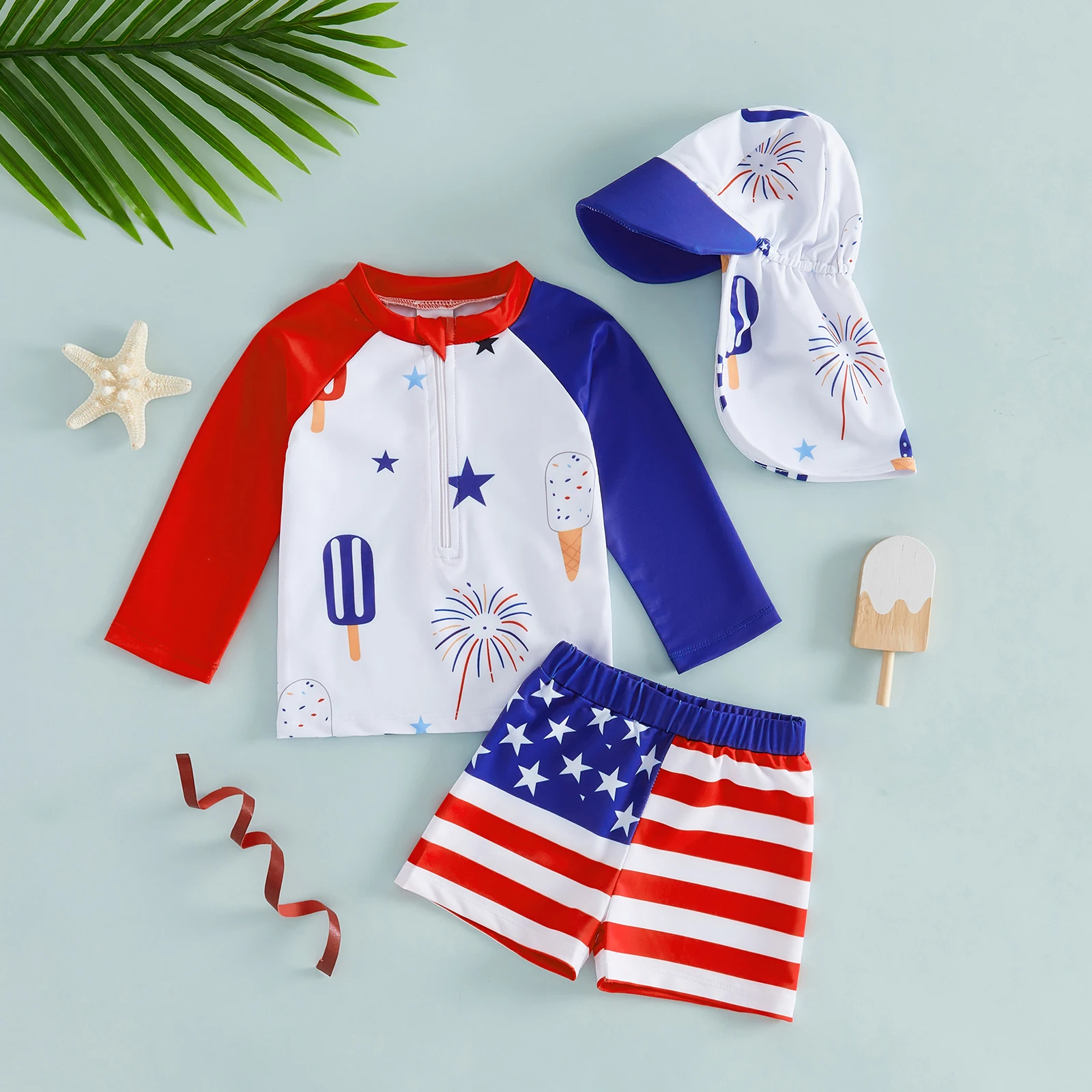 FOCUSNORM 0-5Y Toddler Kids Boys Swimsuit Set 4th of July Long Sleeve Crew Neck Star Print Tops Swim Trunks Hat Bathing Suit 