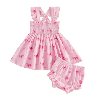 Bow & Heart Print Ruffle Dress and Matching Bloomers