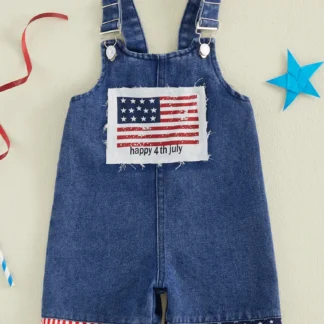 USA Flag Print Patriotic Jean Overalls