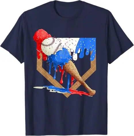Red White and Blue Baseball Ice Cream Drip Boys Tee - Image 6