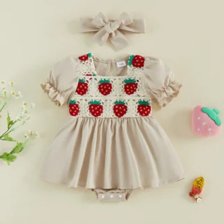 Strawberry Embroidery Romper Dress And Headband Set