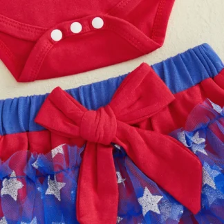 Flag Print Romper with Star Pattern Tulle Shorts