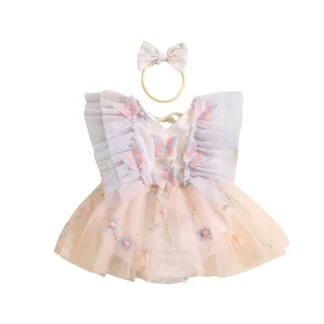 Butterfly Flower Embroidery Fly Sleeve Mesh Romper Dress