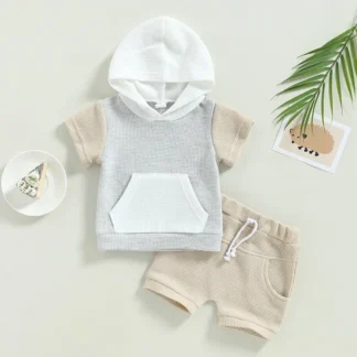 Waffle Knit Pocket Hoodie Shorts Set