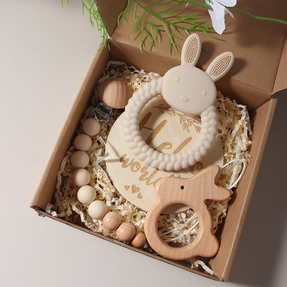 New Born Baby Gift Set Silicone Bunny Teether Wooden Bunny Rattle Photography Props