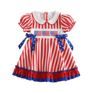 Cute Toddler Fourth of July Dress with Patriotic Stars and Stripes Embroidery Short Sleeves and Doll Collar for Independence